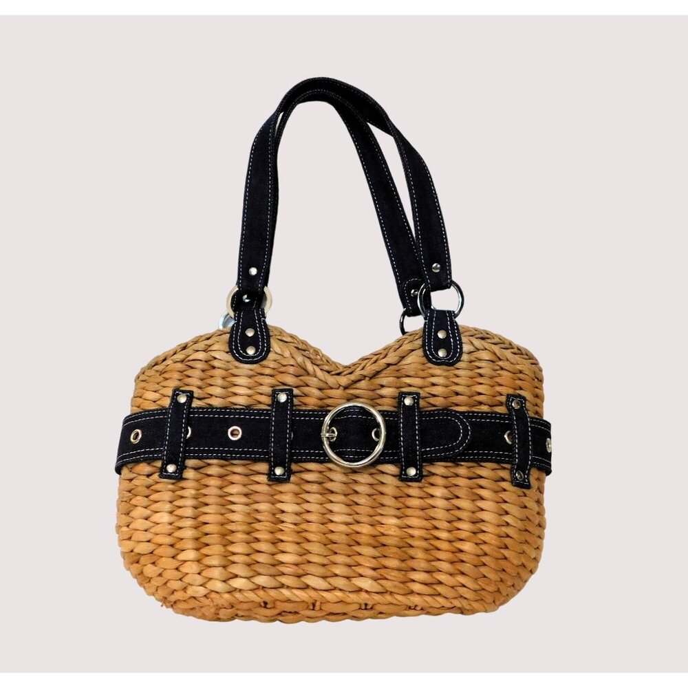 Randolph Duke The Look Straw Shoulder Bag Denim Belt Accents Blue Tan Purse